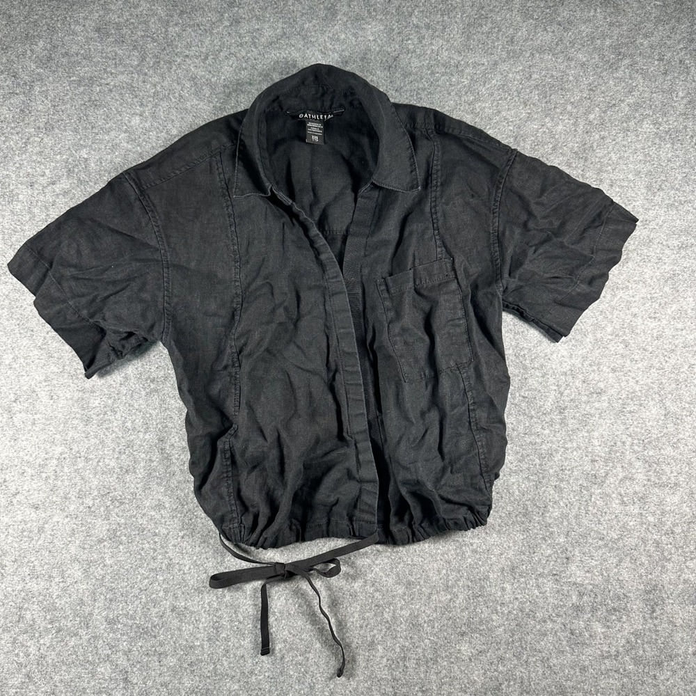 Athleta‎ Breezy Linen Cropped Top XXS Black Drawstring Hem Short Sleeve